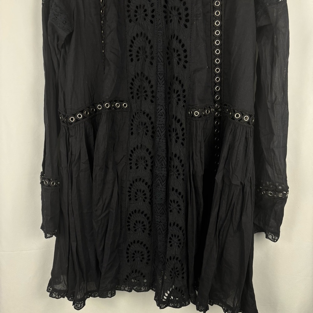 NWT Free People Women’s Black Eyelet Cutout Smock Neck Long Sleeve Dress, Medium - Picture 7 of 13